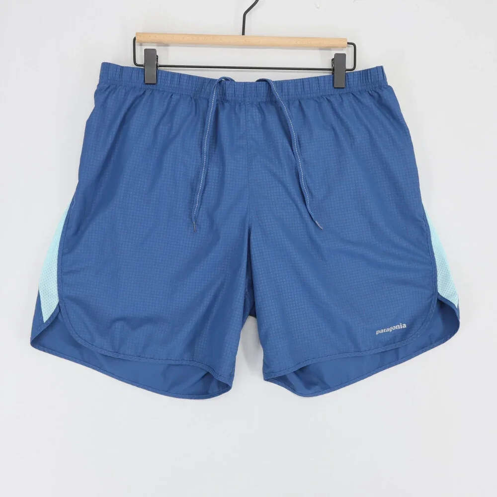 Patagonia Strider Shorts Mens L Blue Grid Running Athletic Lined Drawstring
